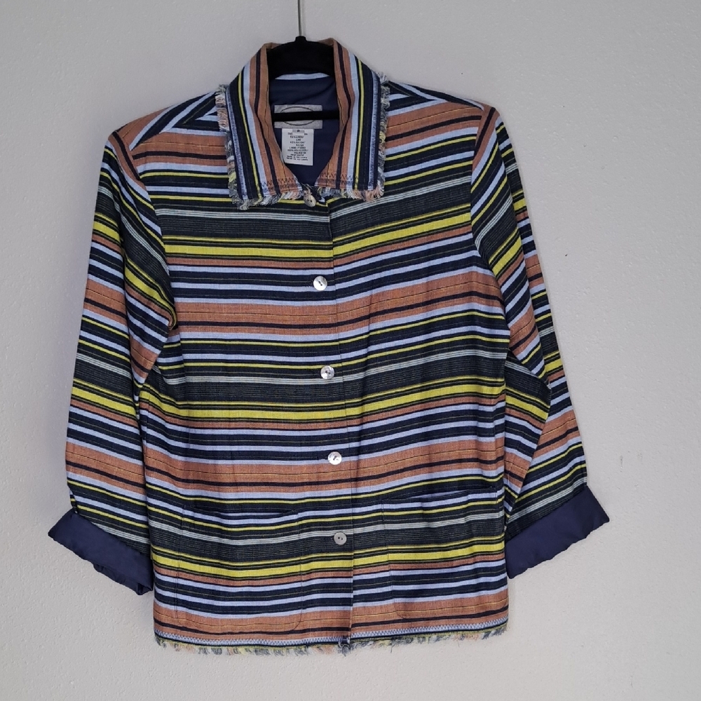 Vintage Stonebridge Linen Blend Pockets Fringe Edge Navy Yellow Striped Blazer S
